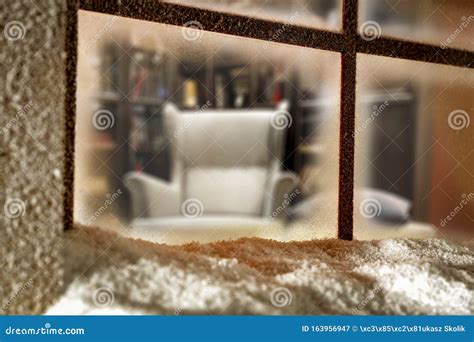 Outside Snowy Winter Window View with Cozy Relaxing Home Interior ...