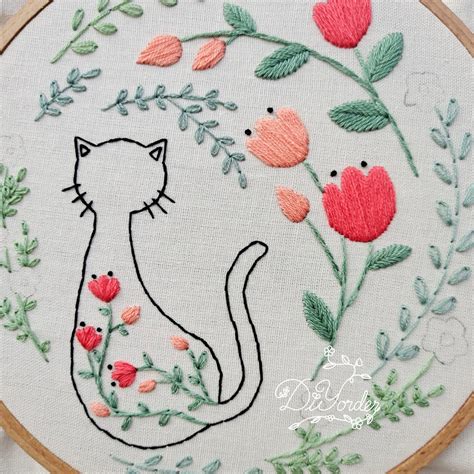 Cat Embroidery Kit-handmade Embroidery-gift for Her-flower - Etsy