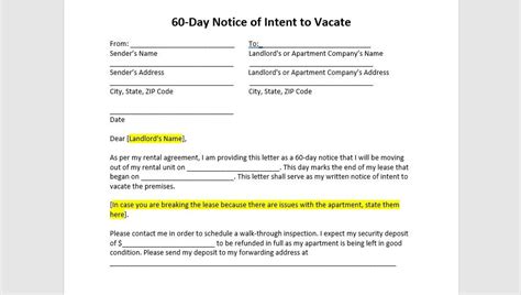 60 Day Notice to Vacate Letter Template, Notice to Vacate Letter ...