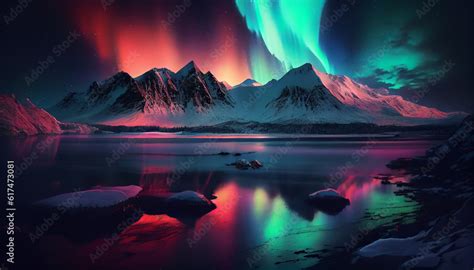 Colorful Aurora Borealis Northern Lights. Streaming color over winter ...