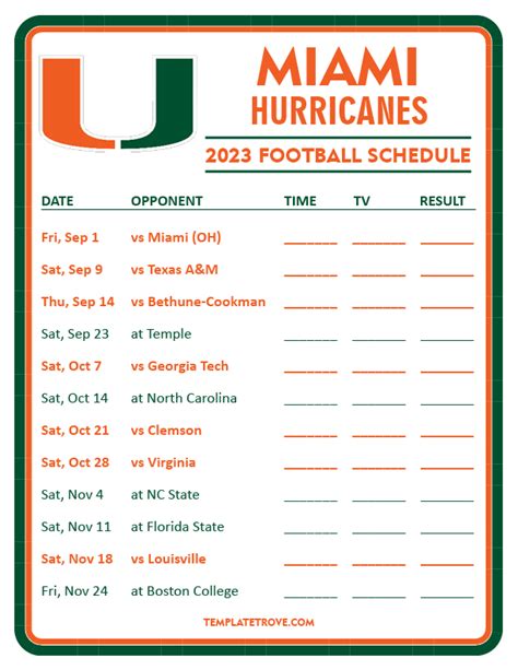 Printable 2023 Miami Hurricanes Football Schedule