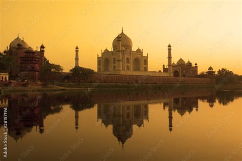 Taj Mahal sunset reflection, Yamuna River. Stock Photo | Adobe Stock