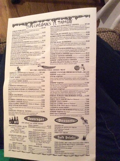 Menu at El Tapatio Mexican Restaurant, Rainbow City