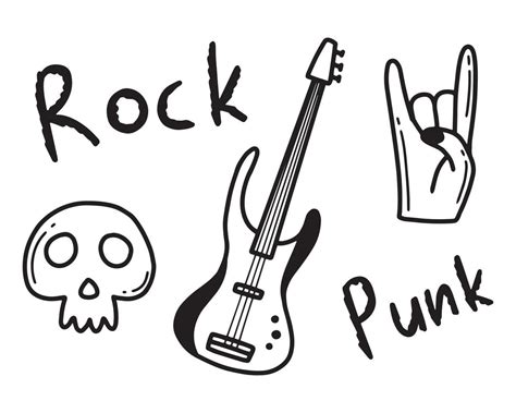 Rock n roll, punk music doodle set. Graffiti, tattoo hand drawn sticker ...