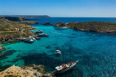 Aerial view of the Blue Lagoon Comino, Malta. stock photo