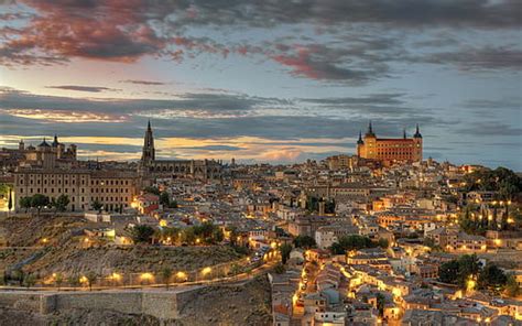 HD wallpaper: Toledo Spain, landscape, sky, night, river, castle ...