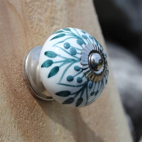 White Ceramic Drawer Knobs Cabinet knobs with Teal Embossed