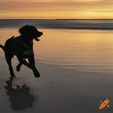 Silhouette of dog running on beach at sunset