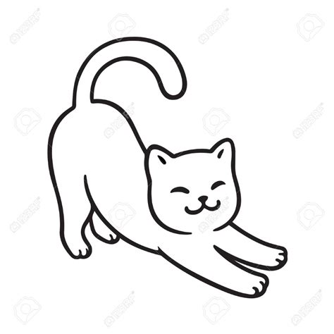 Cartoon cat stretching cute simple white cat drawing vector line art ...