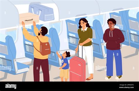 Inside airplane illustration. Vector aircraft passengers placing ...