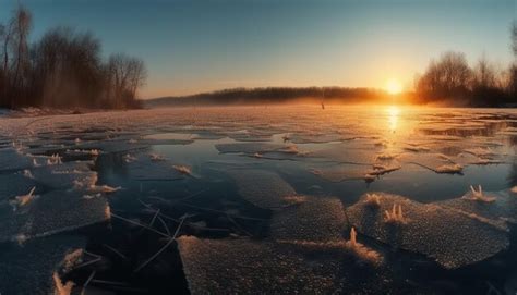 Premium AI Image | A tranquil sunrise over a frozen pond in a rural ...