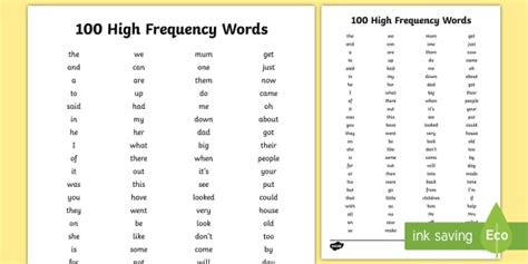 100 High Frequency Words In Order of Use List - KS1 resource