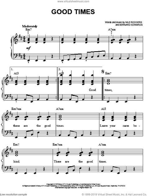 Chic - Good Times sheet music for piano solo [PDF-interactive]