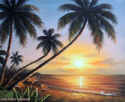 Painting: Beach Hawaii Sunset Bird Of Paradise Flowers Palms Stretched ...