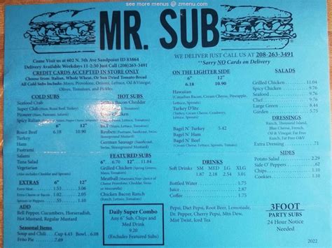 Menu at Mr. Sub restaurant, Sandpoint