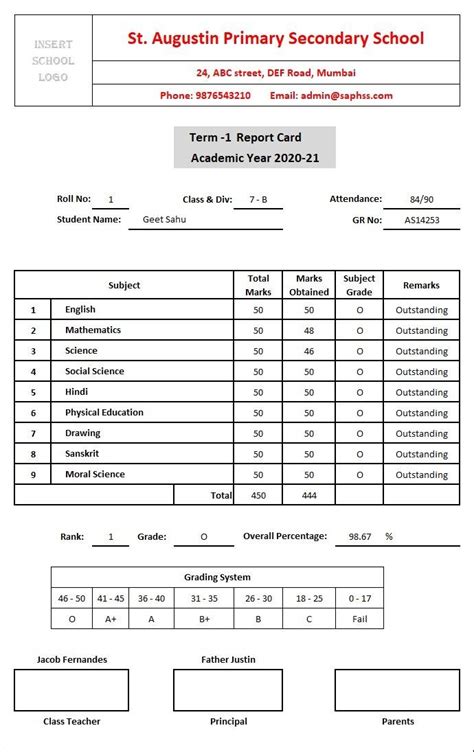 School Report Card And Mark Sheet Excel Template - MSOfficeGeek ...