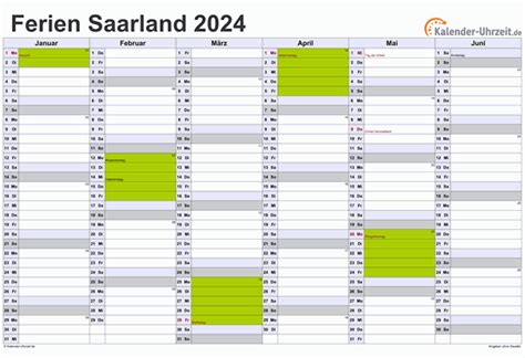 Ferien Saarland 2024 - Ferienkalender zum Ausdrucken