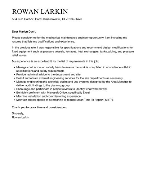 Mechanical Maintenance Engineer Cover Letter | Velvet Jobs