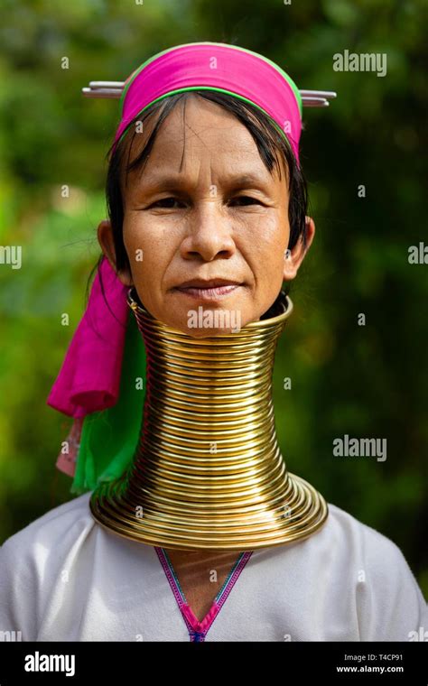 Padaung long-necked woman with brass neck rings, portrait, hill tribes ...