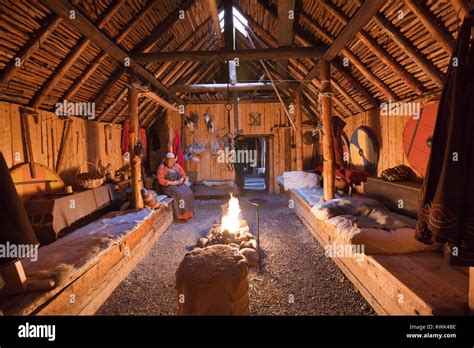 Recreated interior of a Viking longhouse at L'Anse aux Meadows National ...