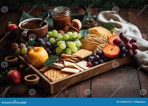 A Rustic Wooden Tray with Fresh Fruit, Cheese, and Crackers Stock Image ...