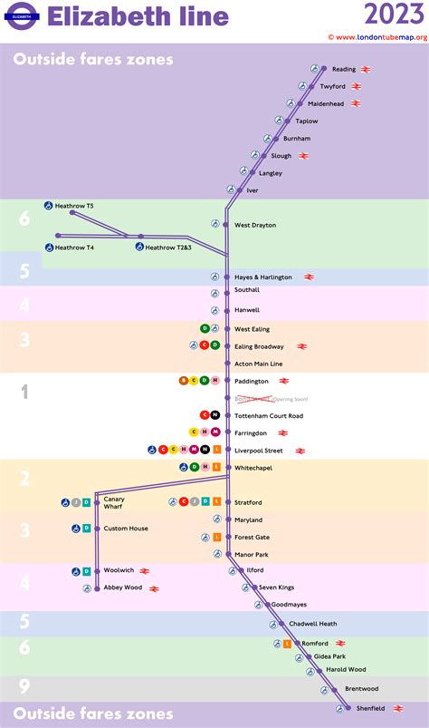 Map of the Elizabeth Line (Purple line). Updated 2023.