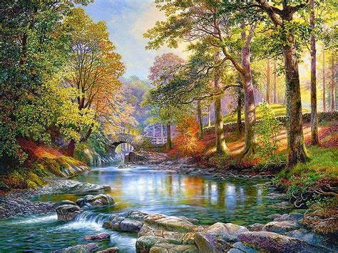 Along The River, forest, rocks, autumn, bridge, painting, sunshine ...