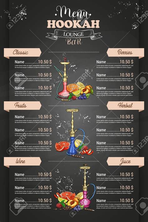 Vector vertical color menu design front page hookah lounge bar on dark ...