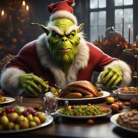 The buff Grinch at a Thanksgiving meal, eating a lot. - AI Generated ...