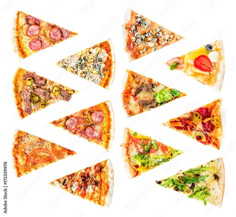 set of Different slices of pizza isolated on white. Delicious fresh ...