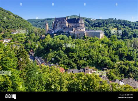 Aerial view of Vianden castle, canton of Vianden, Grand Duchy of ...