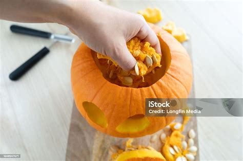 Woman Gutting Halloween Pumpkin Hollowing Jackolantern Removing Guts ...