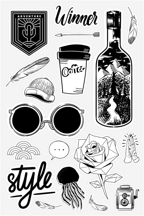 Set of black and white sticker doodle vector | premium image by ...