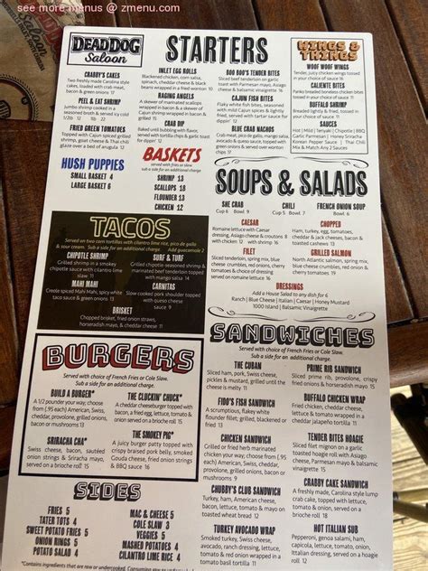 Menu at Dead Dog Saloon steakhouse, Murrells Inlet