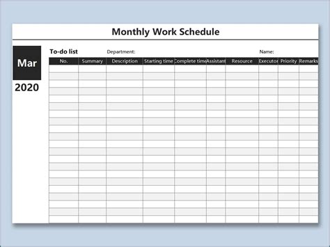 Printable Monthly Work Schedule Template