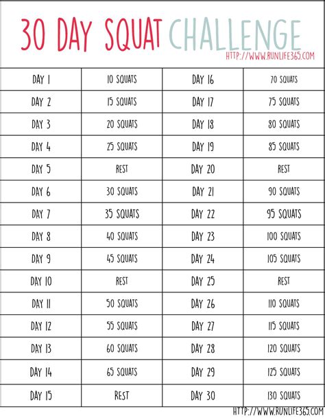 30 Day Squat Challenge Printable