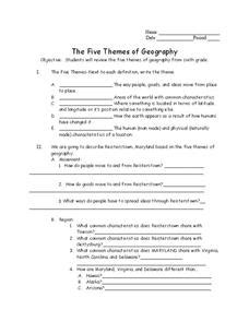 The Five Themes of Geography Worksheet for 7th - 9th Grade | Lesson Planet