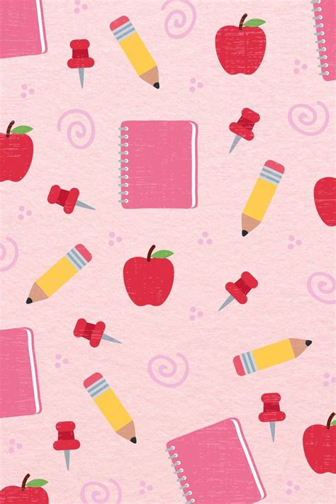 a pattern of notebooks, pencils, apples, push pins, and swirls on a ...