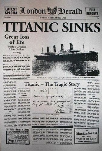 TITANIC SHIP SINKS 1912 FRONT PAGE NEWSPAPER REPRINT LONDON HERALD ...