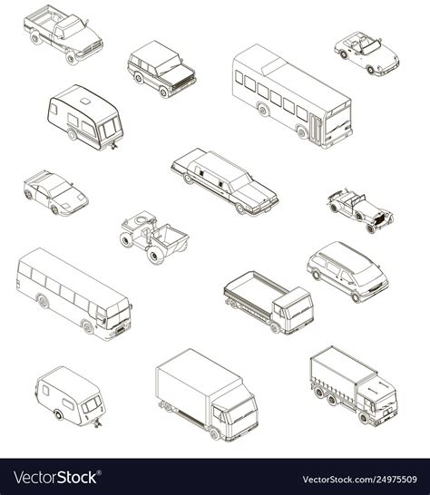 Set with contours different cars in isometric Vector Image