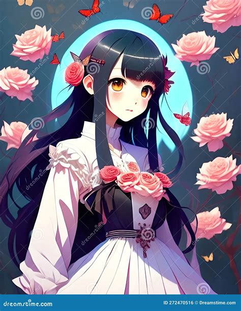 Cute Anime Girl Long Hair Roses Flowers Romantic Fantasy Character ...