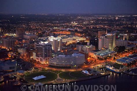 AerialStock | Downtown Norfolk Virginia at night.