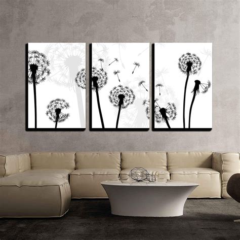 wall26 3 Piece Canvas Wall Art - Black and White Style Dandelion ...