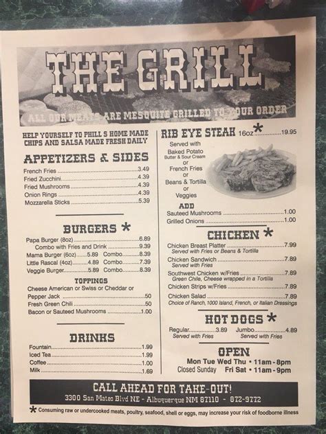 Menu at The Grill on San Mateo steakhouse, Albuquerque, San Mateo Blvd ...