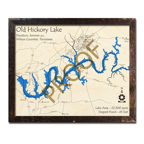 Old Hickory Lake, TN 3D Wood Map | Laser-etched Wood Charts