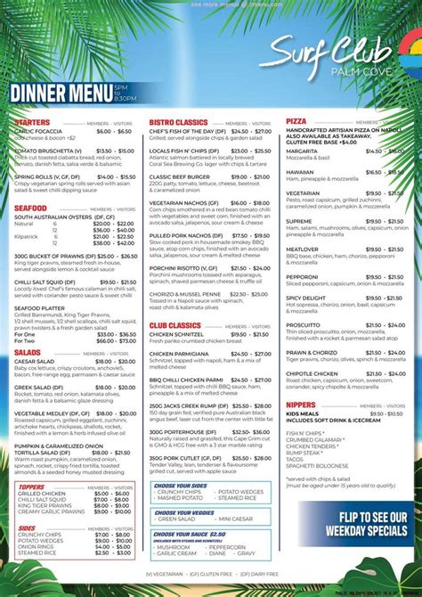 Menu at Surf Club Palm Cove, Palm Cove