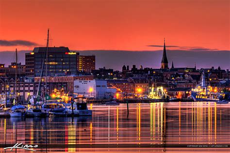 Portland Maine Downtown City Lights at Sunset Over Marina | Royal Stock ...