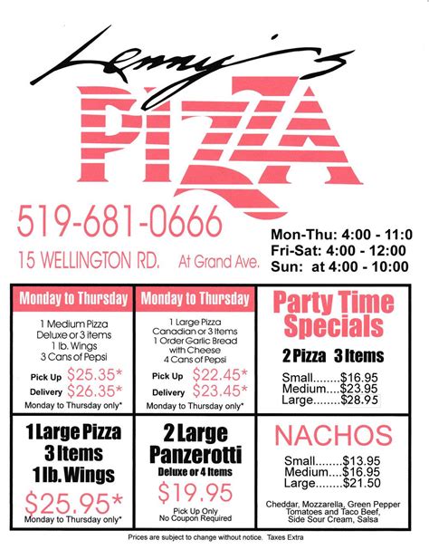 Menu Page 2 Lenny Pizza, London, Ontario