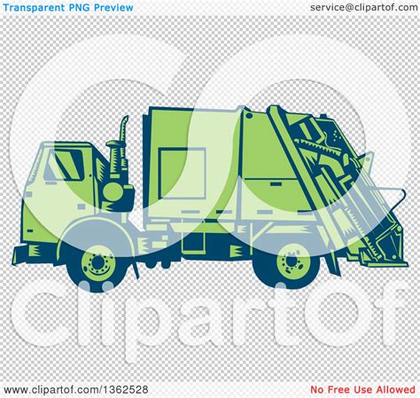 Clipart of a Retro Woodcut Blue and Green Garbage Truck - Royalty Free ...