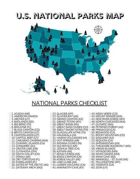 U.S. National Parks Map with All 63 Parks (Printable) | Us national ...